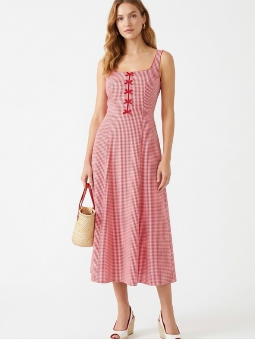 Rachel Zoe Red Gingham Midi Dress with Front Tie Accents Size 2